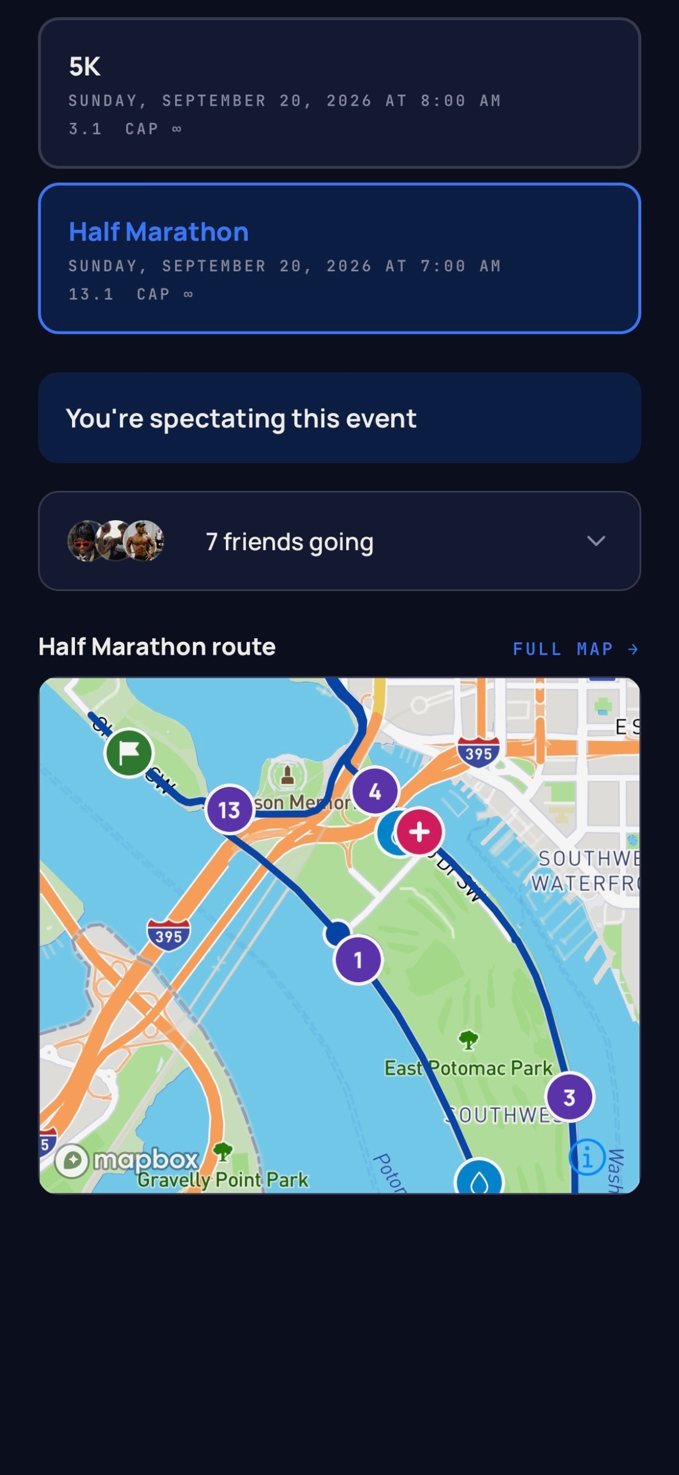 Bib event screen with distances, friends going, and the half-marathon route map